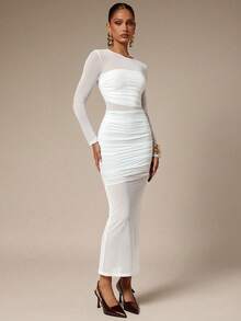 Silquee Women's Solid Color Pleated Mesh Patchwork Long Sleeve Dress,White Dresses For Women - White - View 5