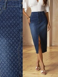 SHEIN Frenchy Women's Casual Versatile Denim Skirt With Pocket, Button And Slit Design For Daily Wear Dates Light Blue Autumn - Dark Wash - View 2