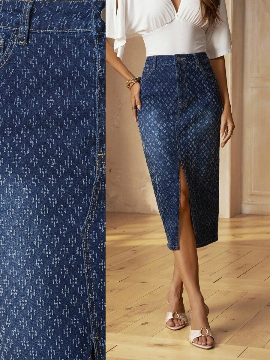 SHEIN Frenchy Women's Casual Versatile Denim Skirt With Pocket, Button And Slit Design For Daily Wear Dates Light Blue Autumn