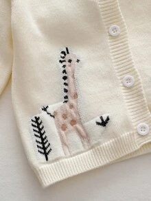 SHEIN Baby Boys Cardigans Infant Toddler Round Neck Knitted Solid Color Sweater Jacquard Cartoon Cute Comfortable Simple Casual Animal Off-White - Beige - View 6
