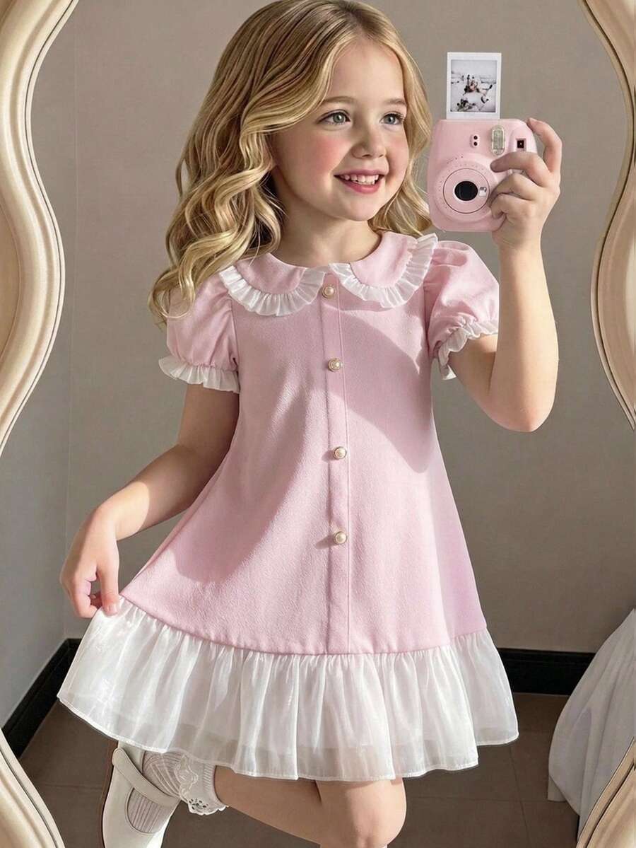Gaun Anak Perempuan Berwarna Kuning dengan Hiasan Renda dan Lengan Mengembang, Gaya Manis & Imut, Tampilan Elegan & Segar untuk Musim Panas - MultiWarna - View 1