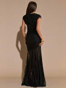SHEIN BAE Black Lace Bodycon Elegant Fitted Ruched Dress, Black Lace Flowy Dress - Black - View 2
