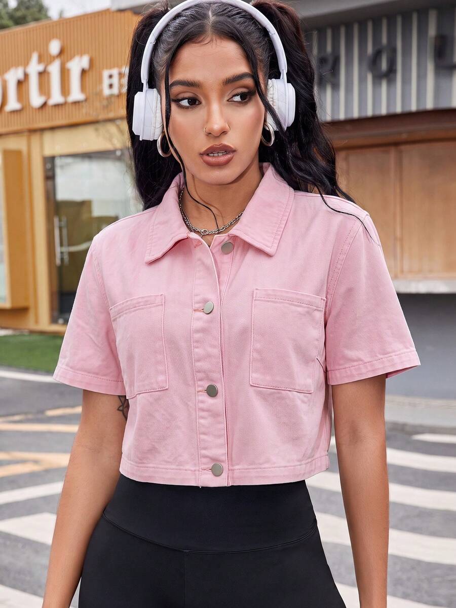 SHEIN ICON 休閒寬鬆短袖女款牛仔短版襯衫，適合夏季牛仔外套外穿上衣，秋季穿搭 - 粉色 - 查看 1
