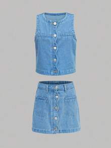 SHEIN 2件套少女蓝色牛仔荷叶边无袖背心和裙子套装 - 藍色 - 查看 5