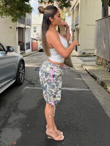 Maria Perezxox 女士休闲时尚街头度假风印花抽绳腰带翻盖口袋宽松牛仔短裤，夏季 - 彩色 - 查看 3