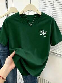 女式白色纽约 NY 字母印花宽松圆领短袖 T 恤，休闲夏季上衣，优雅舒适的设计，适合休闲外出 - 綠色 - 查看 1