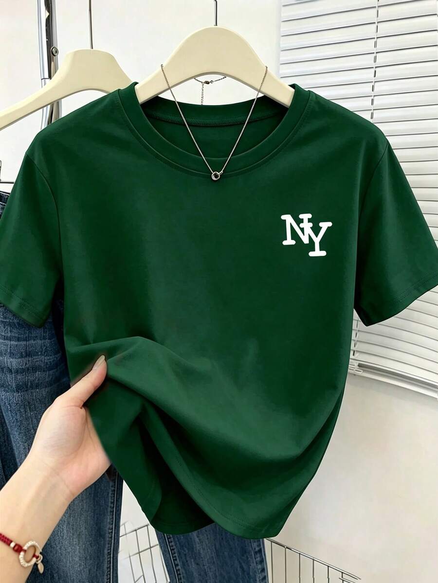 女式白色纽约 NY 字母印花宽松圆领短袖 T 恤,休闲夏季上衣,优雅舒适的设计,适合休闲外出 - 綠色 - 查看 1