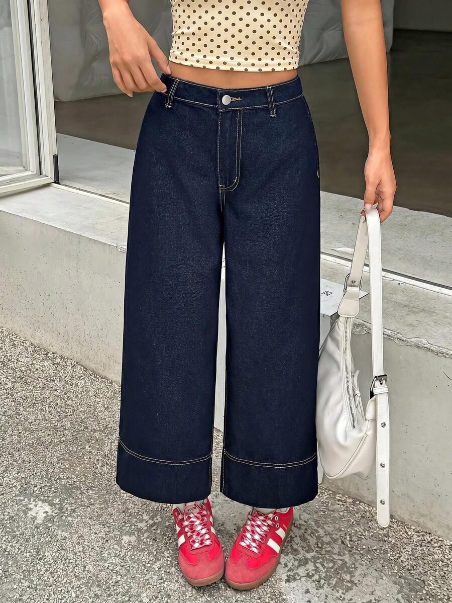 SHEIN Tween女孩深藍色寬鬆牛仔長褲 10Y Y2K 夏季秋季 日 婚禮 - 藍色 - 查看 1