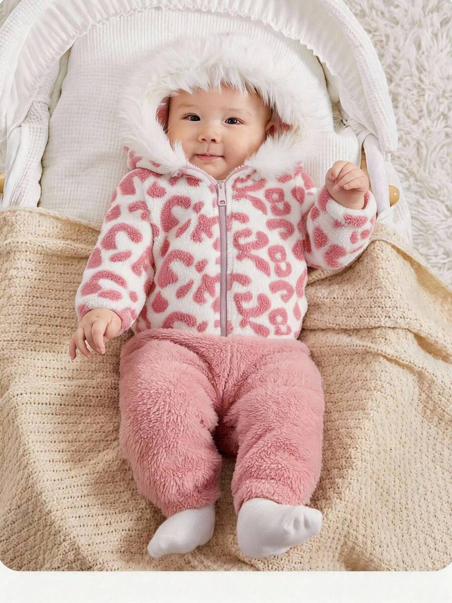 SHEIN 新生兒秋冬款毛絨毛領連帽外套,適合戶外、外出、聚會等多種場合 - 藕粉色 - 查看 1