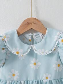 Souflis Souflis 法式新款女婴雏菊印花连衣裙，甜美彼得潘领公主裙，泡泡袖设计，休闲时尚，适合玩耍、上学及各种场合。 - 淺藍色 - 查看 7