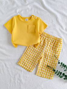 SHEIN 新生兒 2 件套，田園度假鄉村風，格紋，舒適柔軟夏季時尚，可愛百搭休閒 - 黃色 - 查看 1