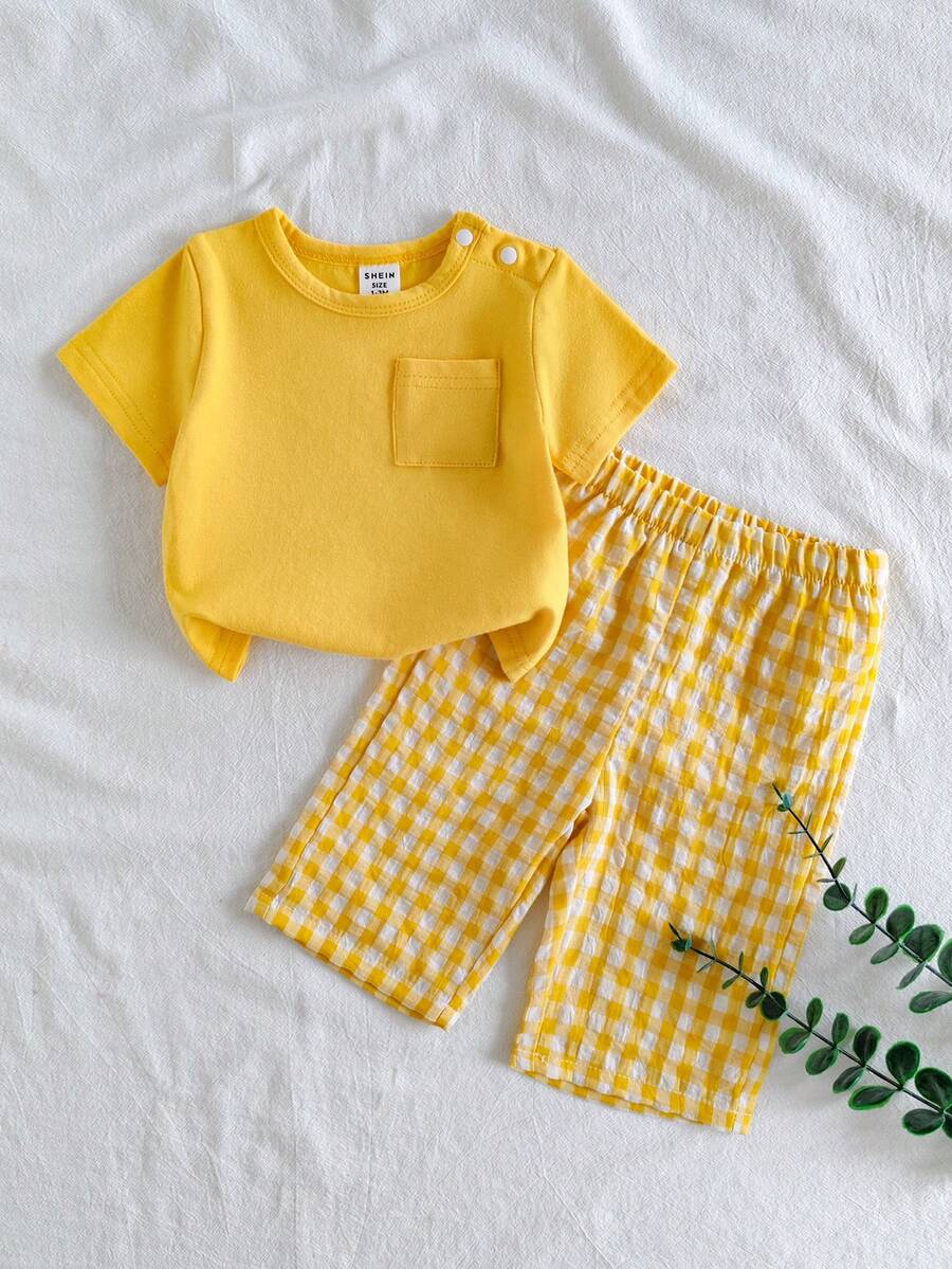 SHEIN 新生兒 2 件套,田園度假鄉村風,格紋,舒適柔軟夏季時尚,可愛百搭休閒 - 黃色 - 查看 1