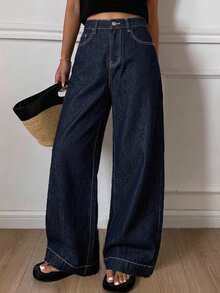 DAZY Vintage Loose Fit Flare Leg Jeans For Women, Spring Design Business Casual Woman - Blue - View 1