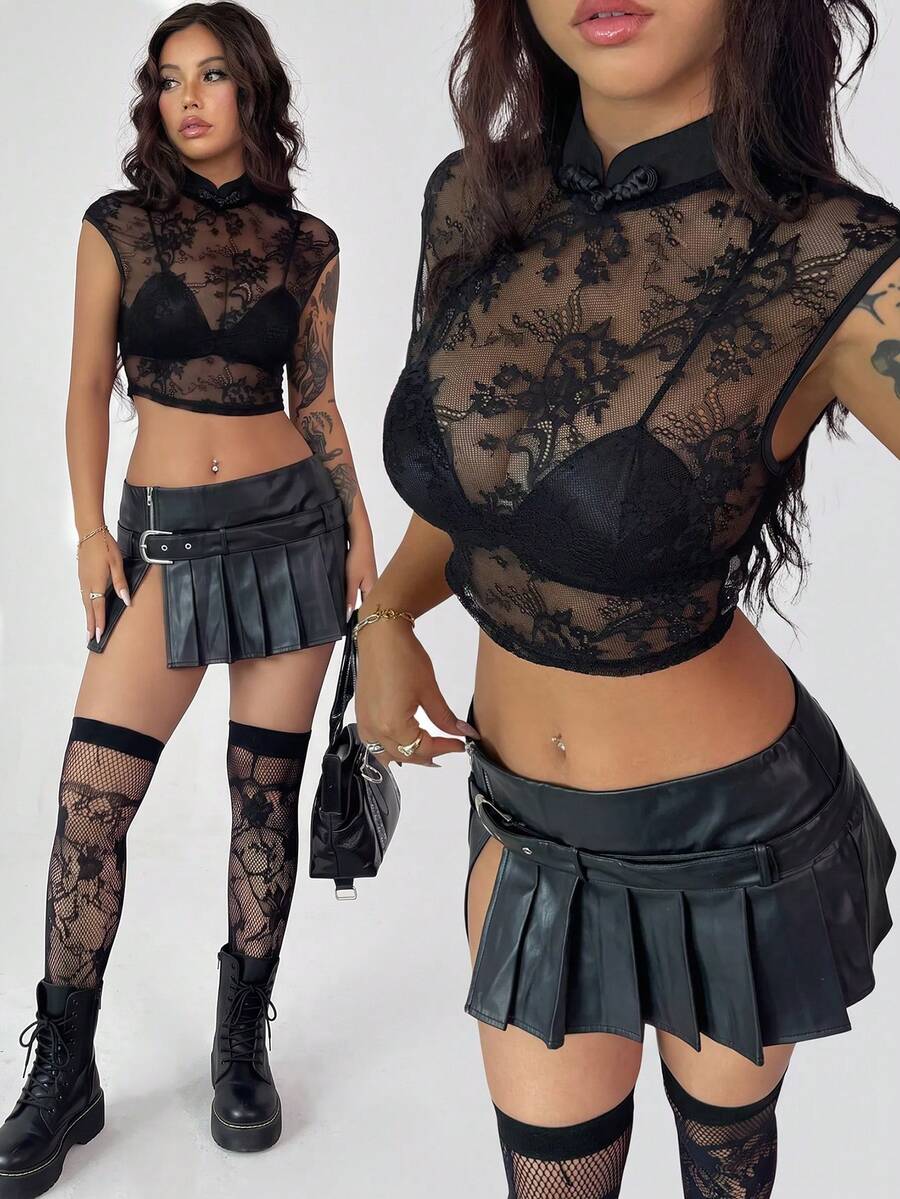 HueRush Coquette 新中式透視蕾絲夏季上衣 女款立領短袖街頭風 適合派對音樂節辣妹穿搭 - 黑色 - 查看 1