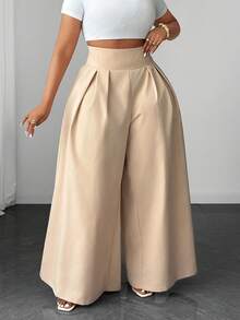 Maweii Plus Size Khaki Casual High Waist Wide Leg Pants Fall - Khaki - View 4