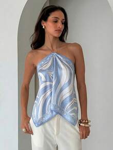 Aloruh Women's Elegant Tie-Dye Chiffon Printed Halter Neck Beach Vacation Top,Summer Top - Blue - View 7