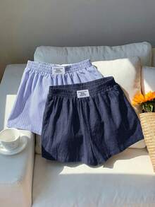 Comfortcana 2件組女款夏季休閒寬鬆短褲，亞麻蝴蝶結條紋短褲與藍色抽繩圍裹短褲套裝，適合海邊度假，超短短褲 - 彩色 - 查看 5
