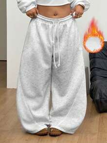 Coolane 男女款大尺碼秋冬街頭風休閒健身寬鬆中腰寬腿鬆緊腰灰色運動長褲 - 淺灰色 - 查看 4