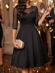SHEIN Lady Women's Patchwork Rhinestone Mesh 3/4 Sleeve Elegant Midi Dress - Black - View 3