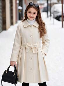 Tween Girls Single-Breasted Elegant Lapel Mid-Length Flared Overcoat - Beige - View 1