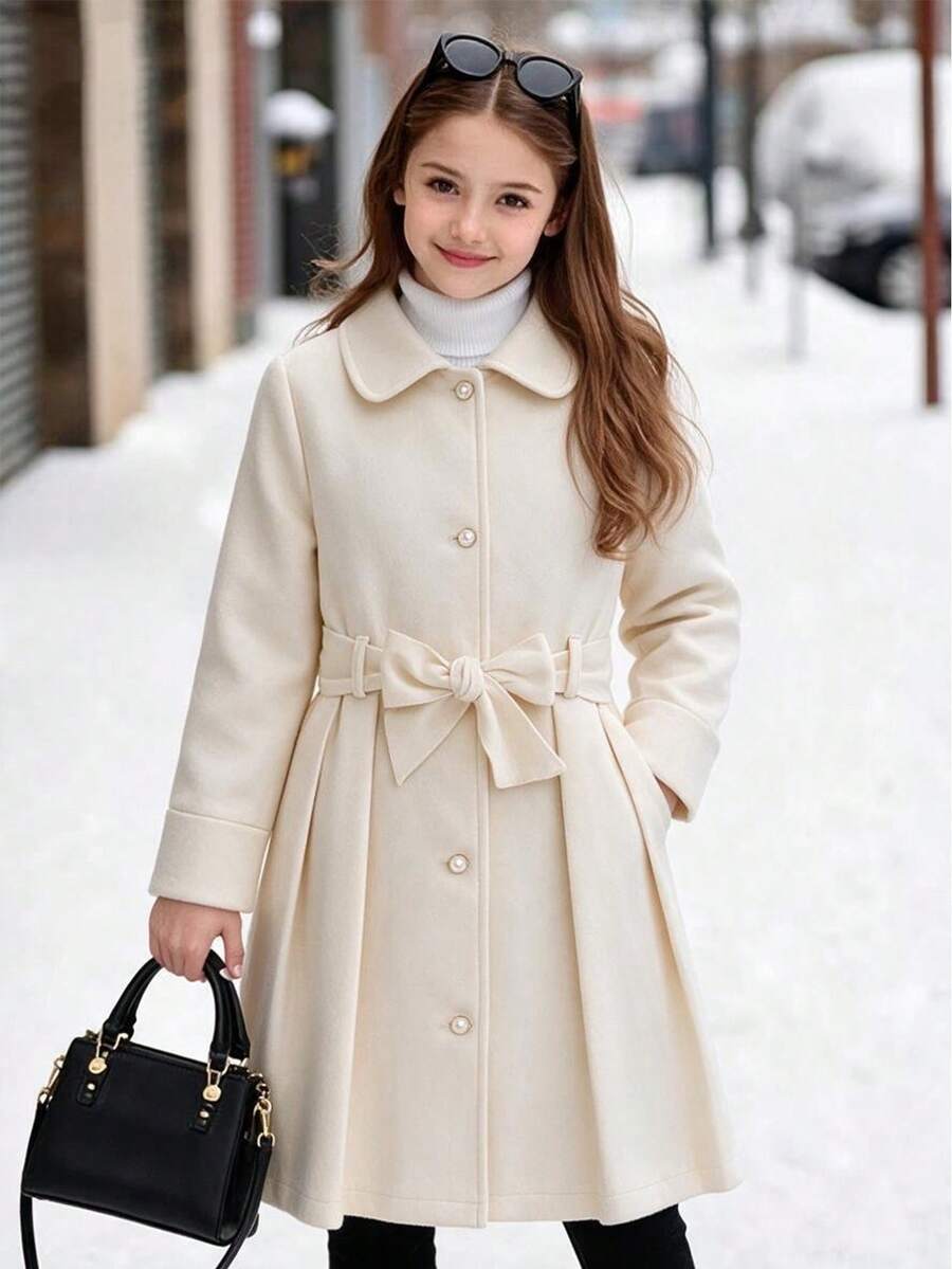 Tween Girls Single-Breasted Elegant Lapel Mid-Length Flared Overcoat - Beige - View 1