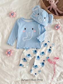 Newborn Baby Girl Cute Cartoon & Floral Pattern Long Sleeve Loungewear Set - Multicolor - View 3