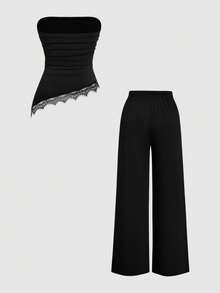Sweetra Plus Size Lace Patchwork Metal Decor Tube Top And Long Pants Casual Daily 2 Pieces Set - Multicolor - View 2