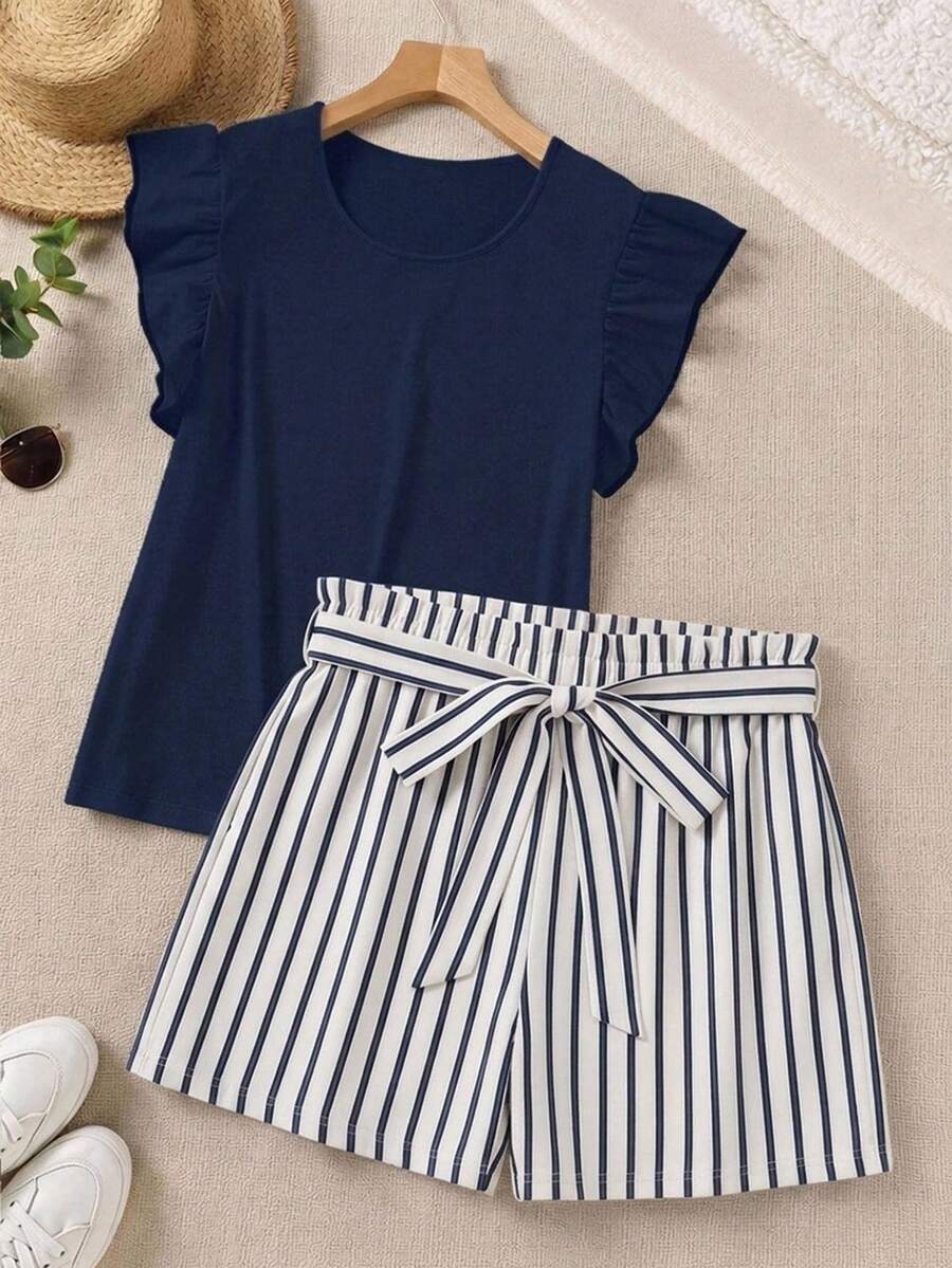 SHEIN LUNE 優雅純色荷葉邊上衣與印花短褲兩件套,夏季 - 藏蓝色 - 查看 1