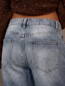 Athîral Denim 女款淺洗藍色寬腿牛仔褲，鉚釘細節，秋季日常穿著，街頭風，休閒牛仔褲，上班穿搭，返校，外出 - 藍色 - 查看 5