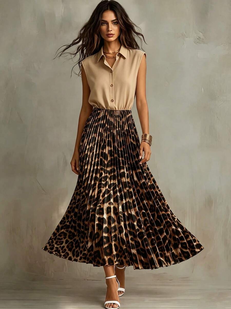 SHEIN Franclia 女士优雅收腰豹纹褶皱喇叭无袖连衣裙,显瘦通勤连衣裙 - 卡其色 - 查看 1