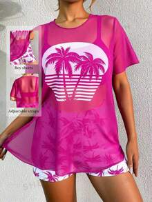 Swim Lushoire Women's Summer Beach Palm Tree Print Tankini Swimwear Set With Cover Up Top - Multicolor - View 4
