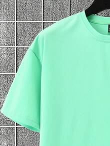 Manfinity Homme Men's Solid Color Crew Neck Short Sleeve T-Shirt And Drawstring Waist Cargo Shorts 2-Piece Set - Mint Green - View 4