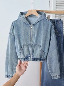 SHEIN 青少年女孩藍色丹寧寬鬆連帽長袖夾克 - 藍色 - 查看 8