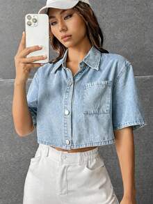 SHEIN Girls' Blue Denim Loose Cropped Shirt Summer World Cup Independence Day Beach Graduation - Blue - View 3