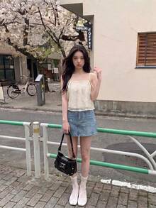 SHEIN MOD Màu be kem Organza Ruy băng thêu lưới kết cấu dây đeo nơ yếm dành cho nữ - Màu be - Xem 2