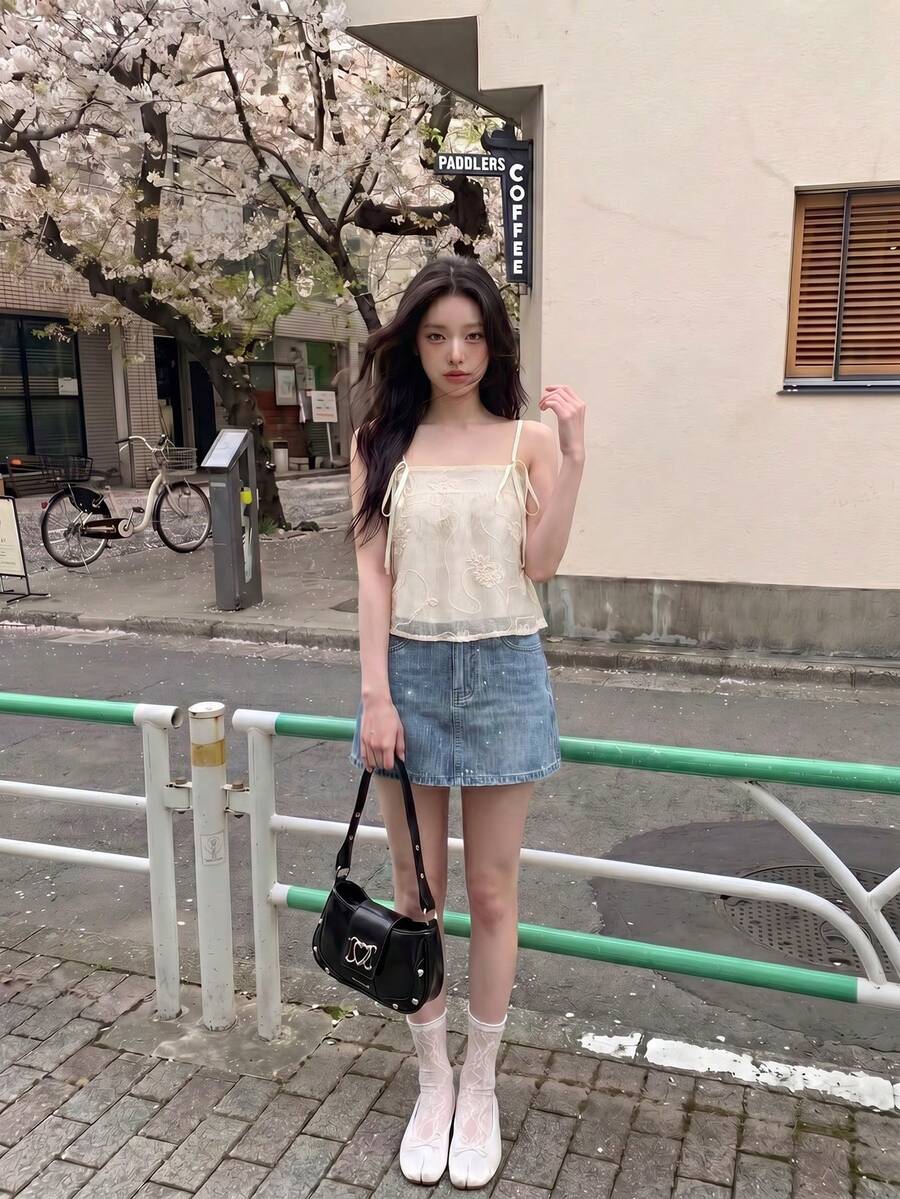SHEIN MOD Màu be kem Organza Ruy băng thêu lưới kết cấu dây đeo nơ yếm dành cho nữ