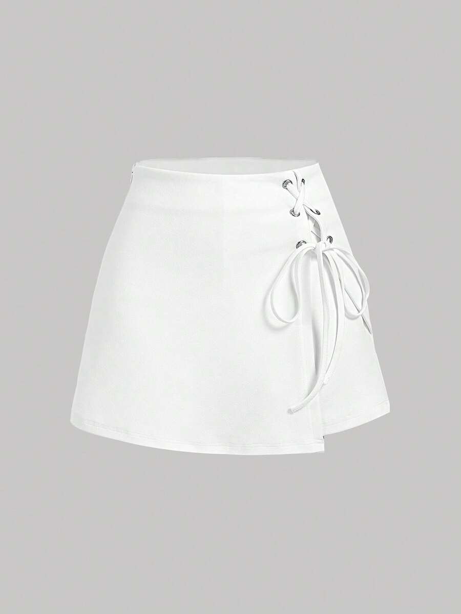 SHEIN MOD White Crossed Frenulum Lace Up Side Short - White - View 1