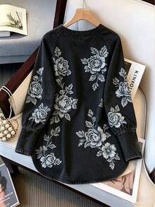 Resyla Women's Floral Denim Effect Print Raglan Long Sleeve Casual Top - Multicolor - View 2