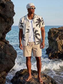 Manfinity EZcore Plus Size Men's Coconut Tree Print Single-Breasted Short Sleeve Top And Pocket Shorts Casual Holiday Beach Set - Multicolor - View 4