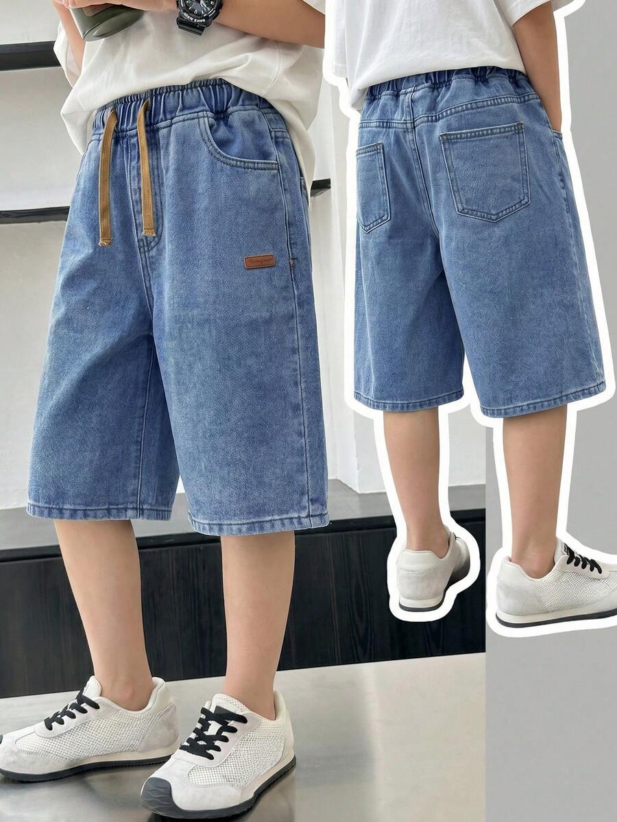 SHEIN 青少年男孩牛仔短褲 夏季時尚 百搭學院風 寬鬆休閒 淺藍水洗 舒適鬆緊腰帶 抽繩校園穿搭 - 中等水洗藍 - 查看 1
