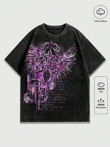 ROMWE MEN Goth Men's Summer Casual Wing Print Short Sleeve T-Shirt - Black - View 3