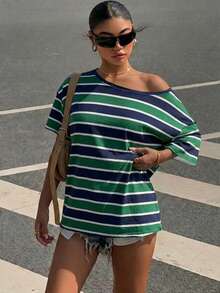 Muchica Casual Minimalist All-Over Print Off-Shoulder Loose Short Sleeve T-Shirt For Women,Summer Top - Multicolor - View 3