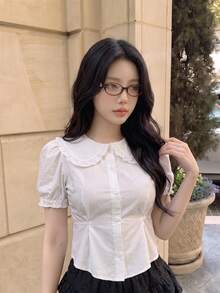 SHEIN MOD Women's White Cotton Peter Pan Collar Blouse, Elegant French Cute Slim Fit Puff Short Sleeve Shirt, Summer Ruffle Trim Button Front Top For Party - White - View 2