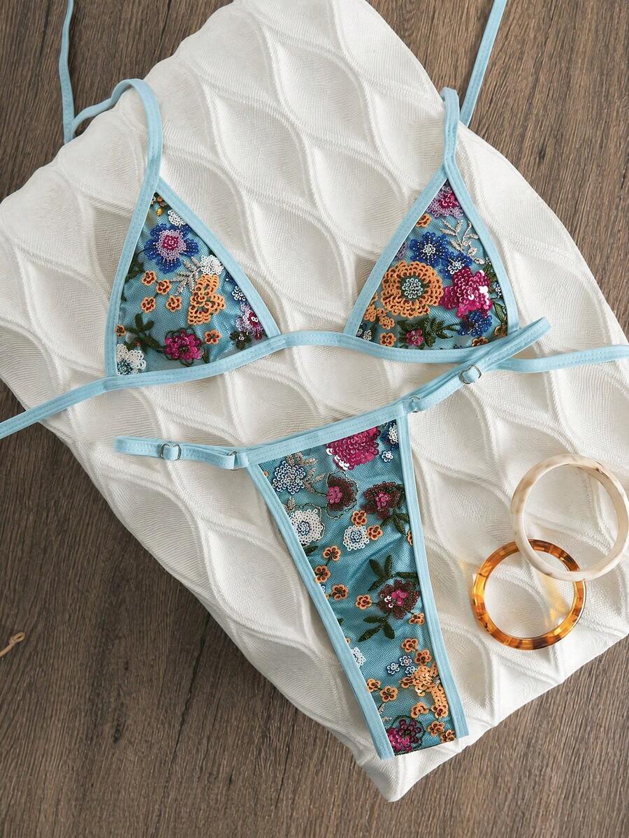 Swim Vcay Women's Fashion Sequin Embroidered Halter Tie Tank Top And Triangle Bikini Bottom Swimsuit Set - Multicolor - View 1
