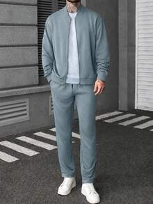 Manfinity CasualCool Men's Versatile Long Sleeve Zip-Up Jacket And Drawstring Waist Cargo Pants Set - Dusty Blue - View 7