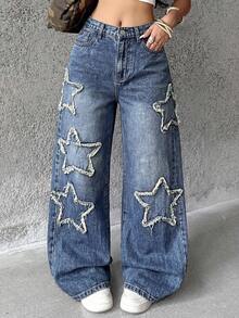 Coolane Teen Girls Rapper Athleisure Grunge Star Pattern Washed Jeans - Medium Wash - View 4