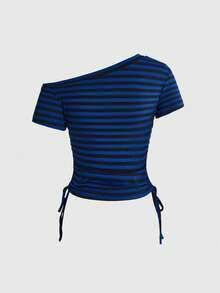 ROMWE Avant Y2K Light Matte Millennium Striped Patchwork Bright Color Slogan Print T-Shirt - Navy Blue - View 2