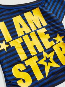 ROMWE Avant Y2K Light Matte Millennium Striped Patchwork Bright Color Slogan Print T-Shirt - Navy Blue - View 3