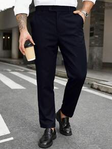 Manfinity Mode Men's Plus Size Solid Color Straight Leg Business Travel Trousers With Pockets - Navy Blue - View 1