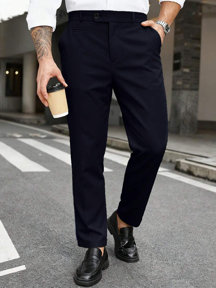 Manfinity Mode Men's Plus Size Solid Color Straight Leg Business Travel Trousers With Pockets - Navy Blue - View 1